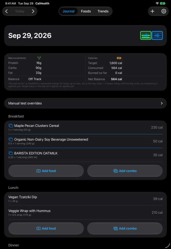 CalVigor on iPad, screenshot 1