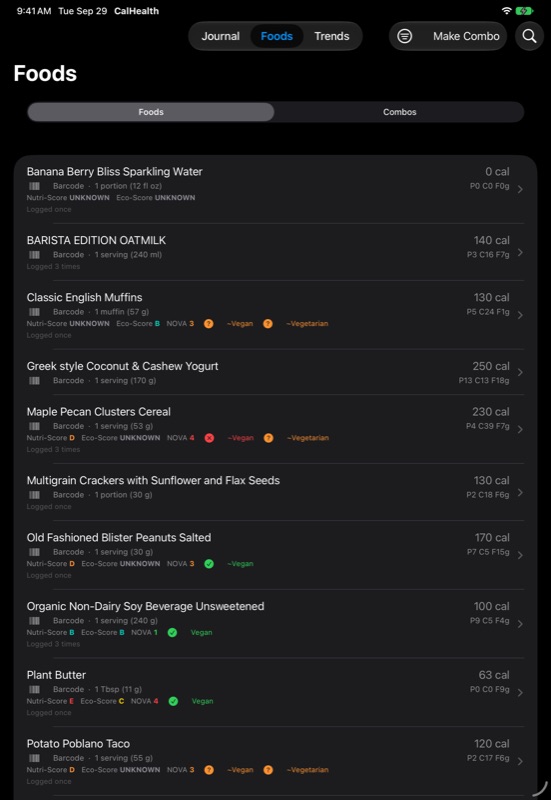 CalVigor on iPad, screenshot 2